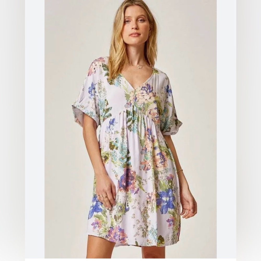 ANDREE BY UNIT Beach Casual Floral Baby Doll V-Neck Short SLV Lavender Dress M